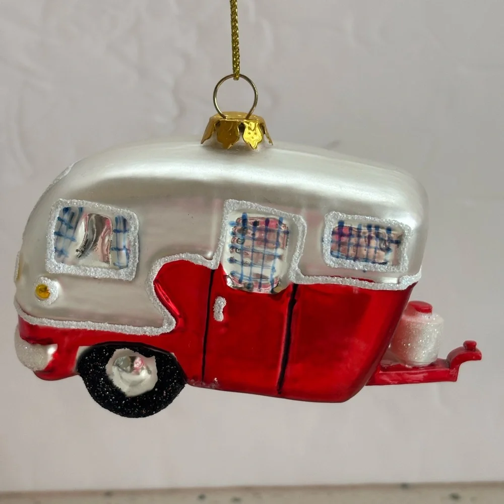 Festive Red and White Vintage Travel Trailer Camper‎ Glass Ornament